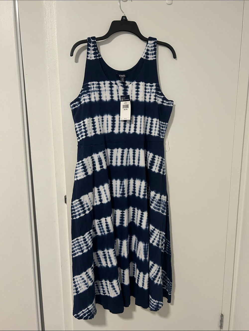 Chaps Navy and White Tie-Dye Sleeveless Midi Dress
